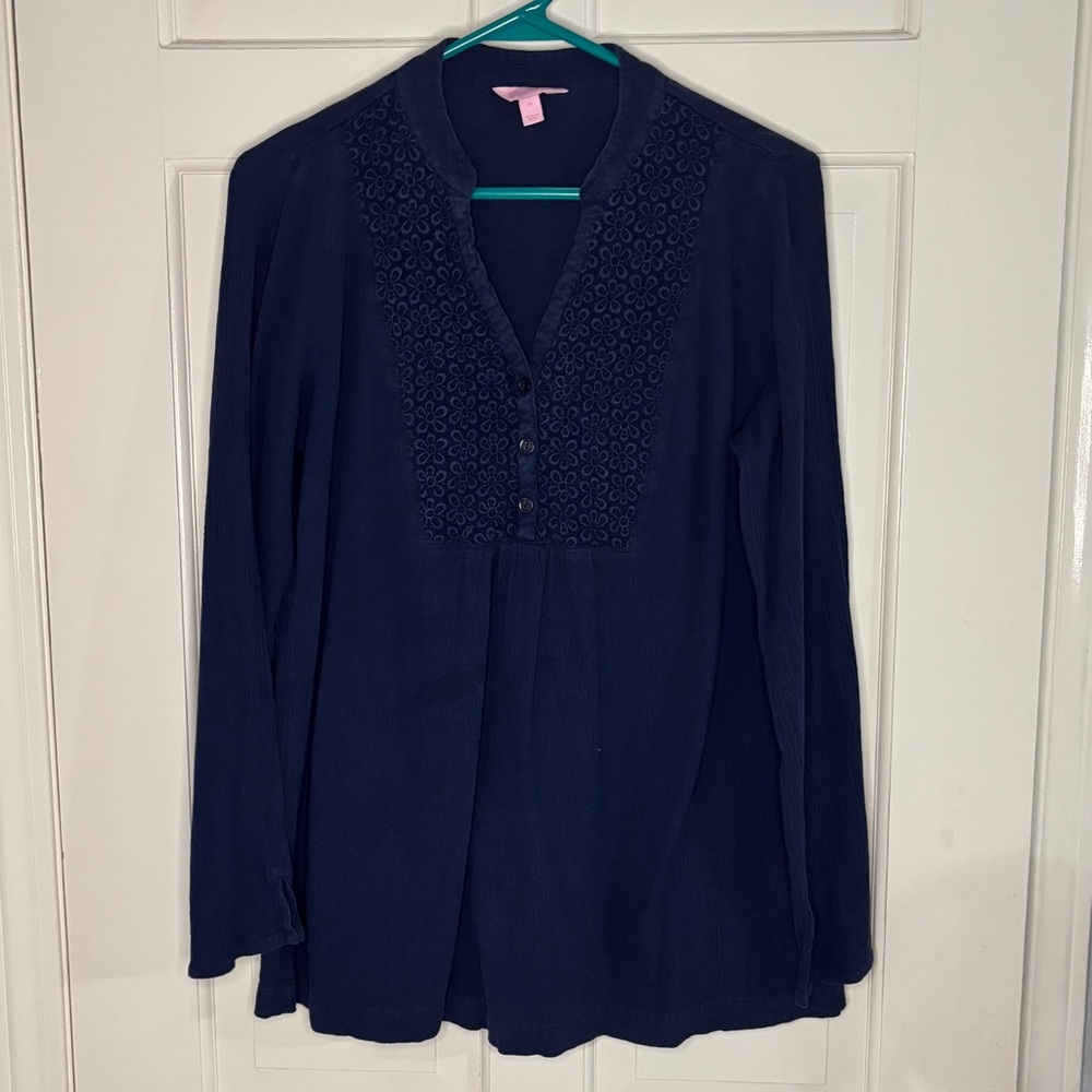 Lilly Pulitzer Navy Embroidered Split-Neck Tunic